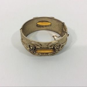 Vintage Whiting And Davis Bangle Bracelet Topaz Stones Safety Chain Art Nouveau